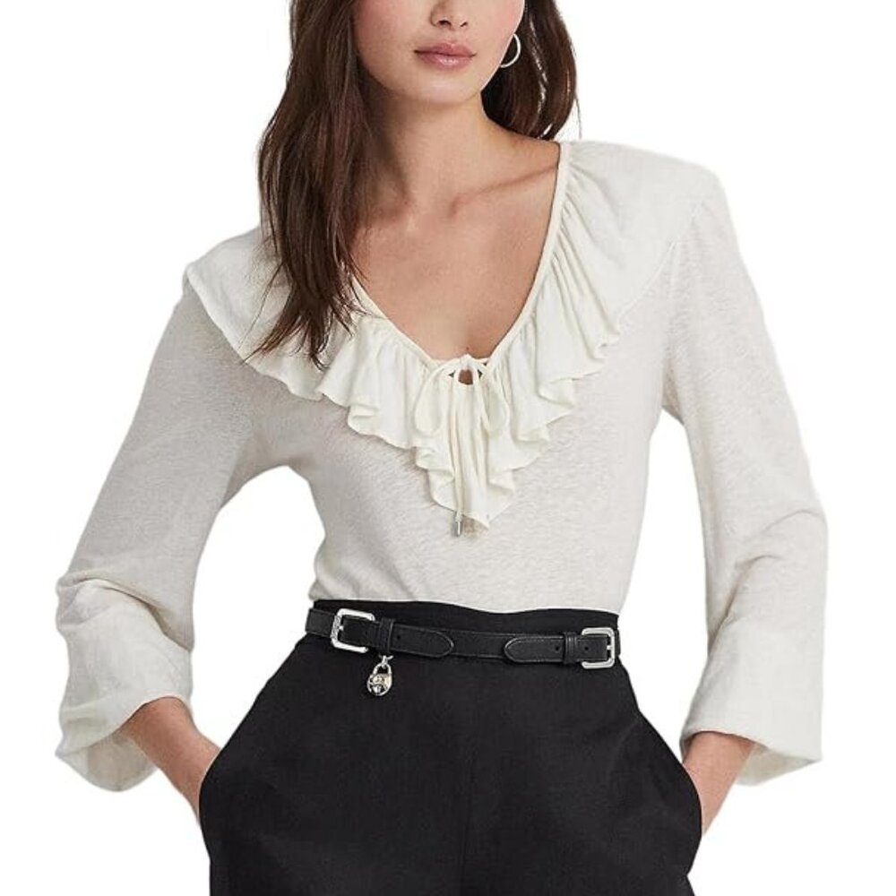 New RALPH LAUREN Ruffle-Trim Jersey Tie-Neck Top- Sm